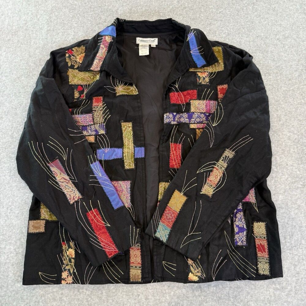 VTG 90s Jacket Coldwater Creek Patchwork Appliqué Embroidered Black Multi L Open